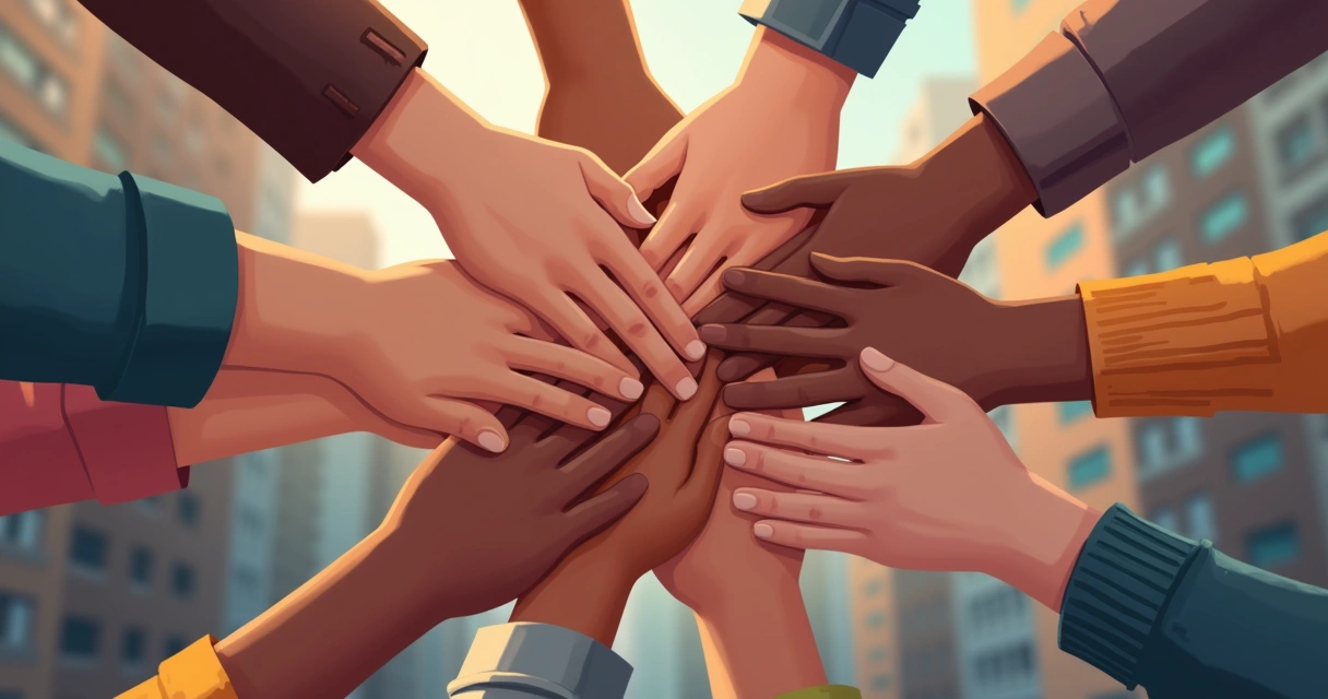Mãos de diferentes pessoas se unindo, símbolo de solidariedade social. 