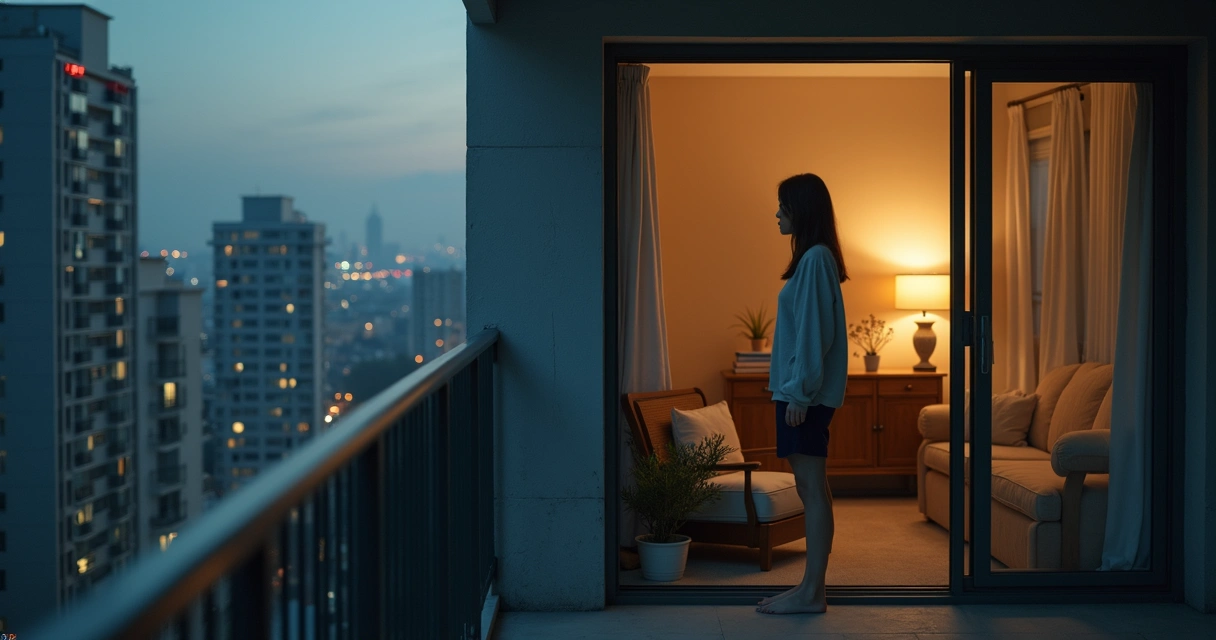 Pessoa em varanda de apartamento com duas metades revelando solidão escura e solitude iluminada 