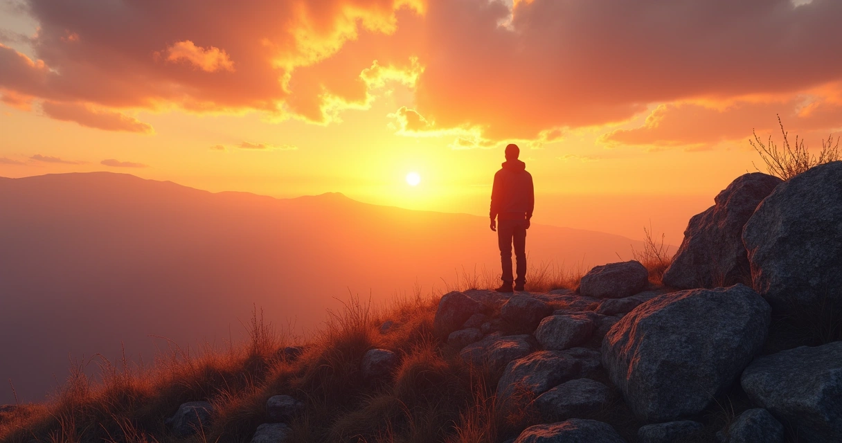 Person standing alone in mountains at sunset