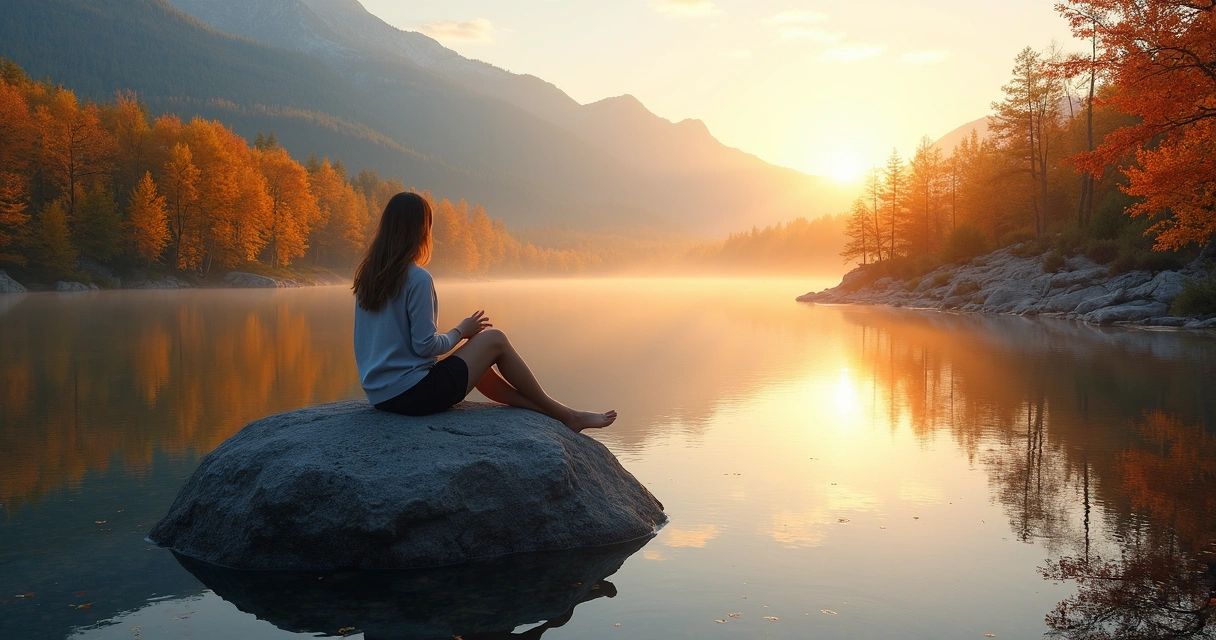 Pessoa sentada sozinha em uma pedra, olhando um lago ao pôr do sol 
