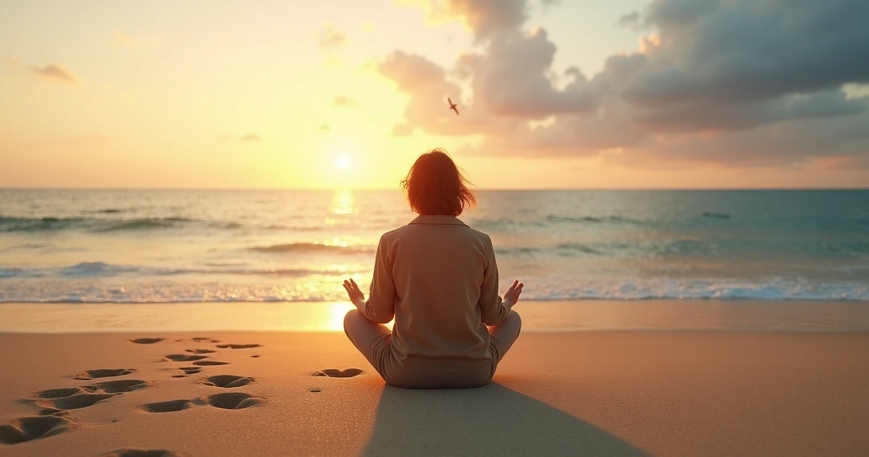 Pessoa sentada sozinha na praia dividida entre lado claro e lado sombrio 