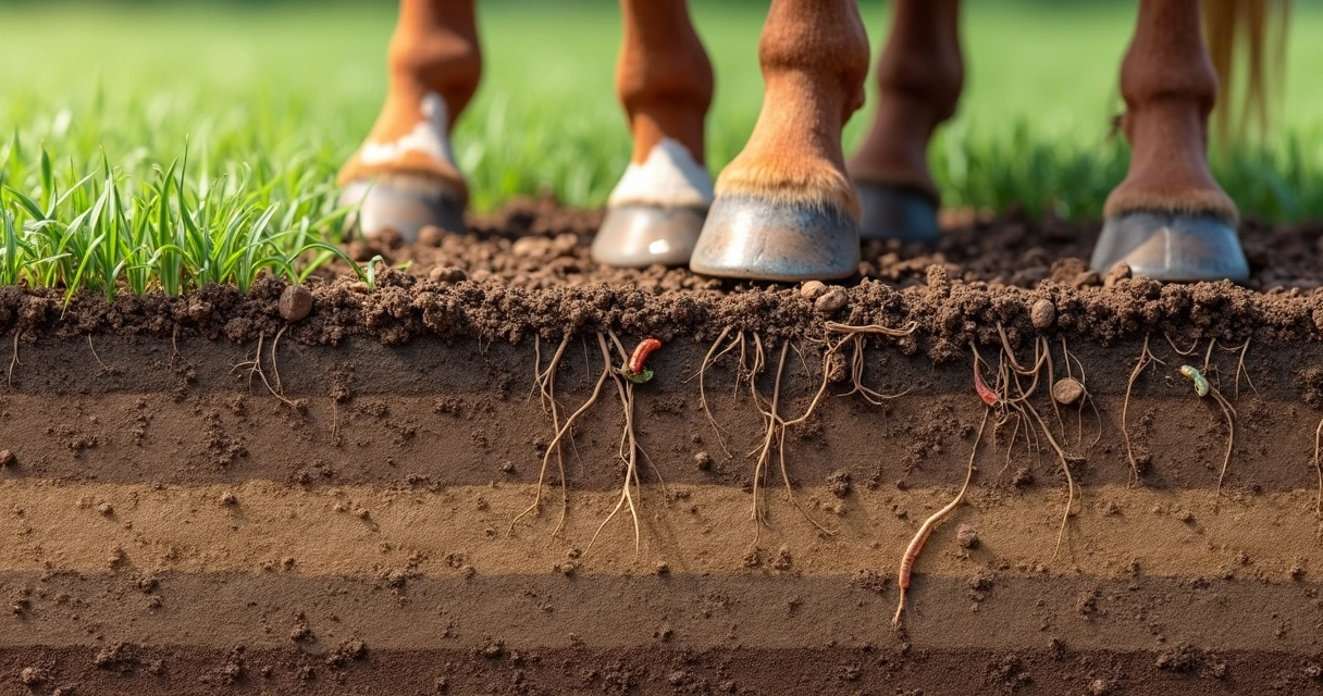 Raízes de gramínea em solo cortado mostrando níveis e textura 