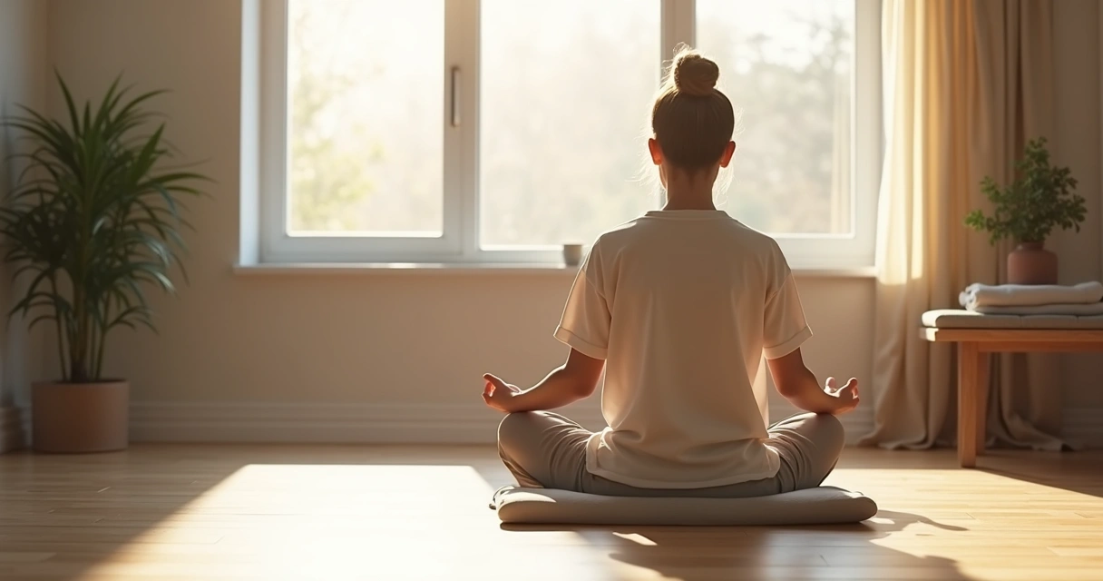 Person meditating alone by a window at home