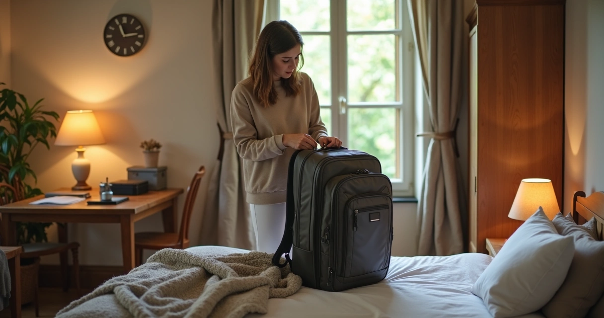 Woman arranging belongings in cozy guesthouse room 