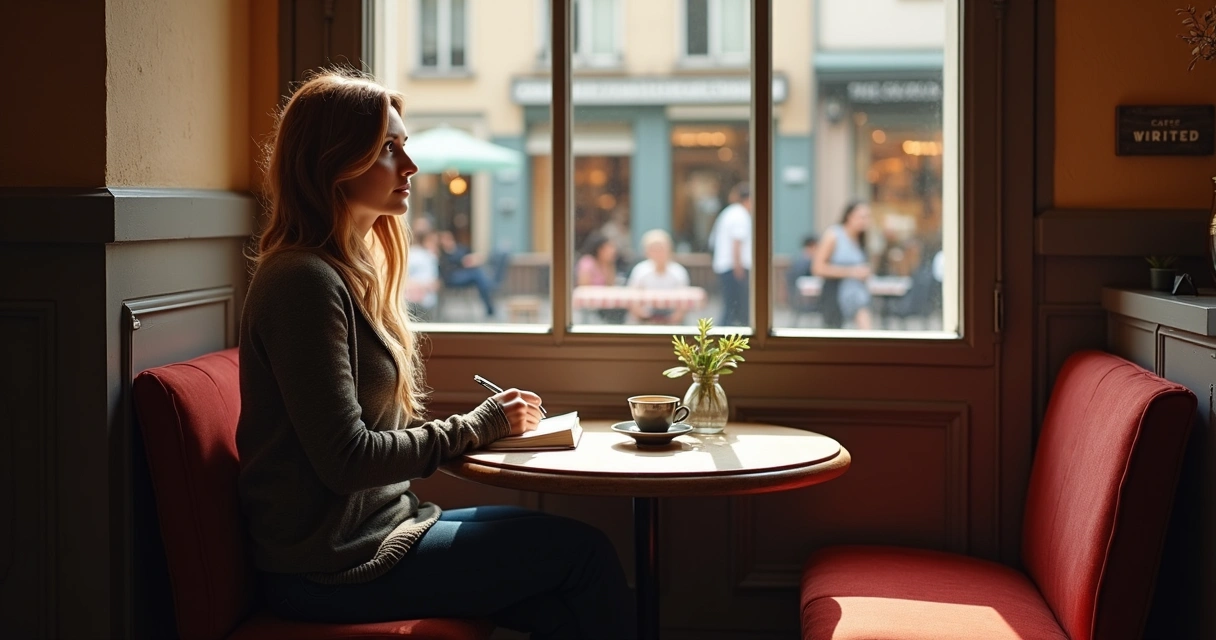 Person sitting alone at a cozy cafe table with a notebook and coffee