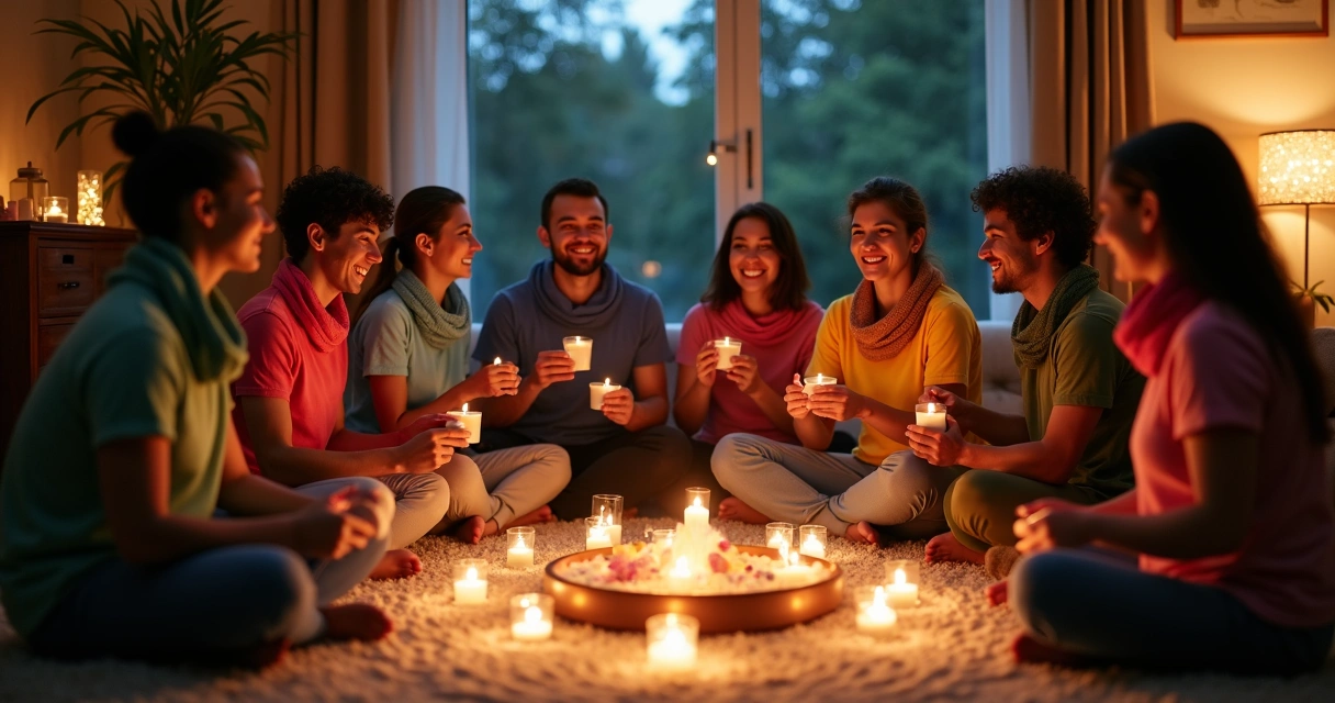 Small group wearing chakra clothing around candles at dusk 