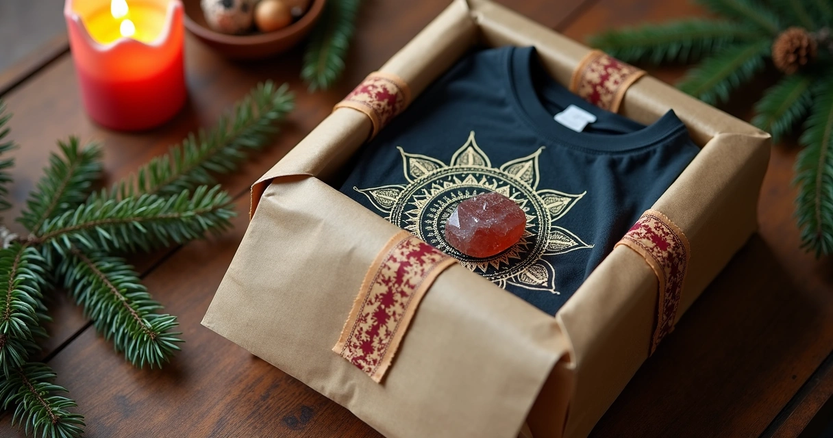 Gift box with sacred geometry t-shirt and crystal, festive wrapping 
