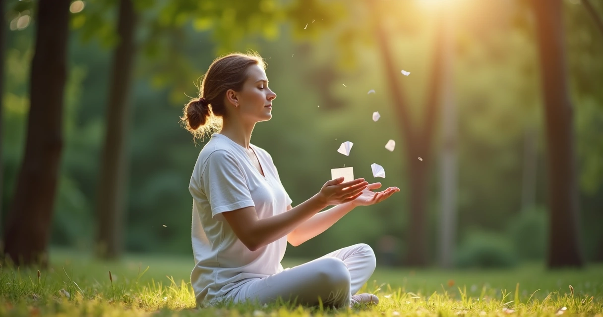 Persona sentada en meditación soltando objetos simbólicos en un espacio natural