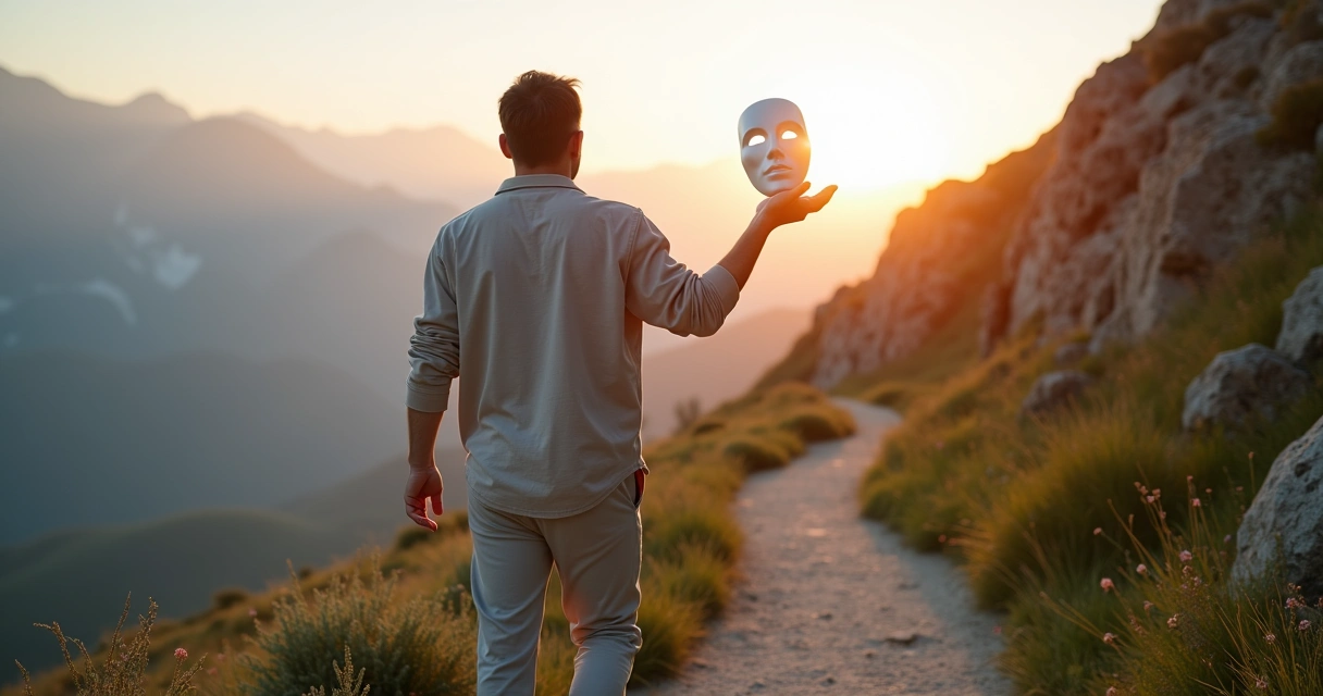 Persona dejando caer una máscara perfecta mientras avanza por un camino de montaña hacia un horizonte luminoso 