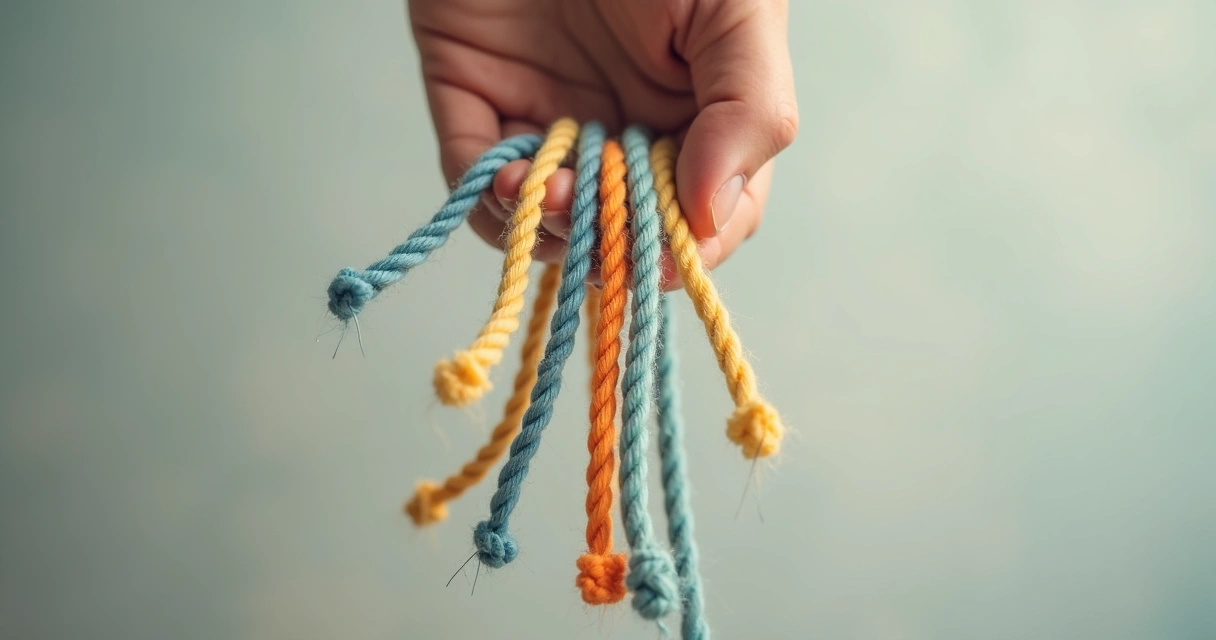 Mano soltando cuerdas de diferentes colores, unas caen lentamente. 