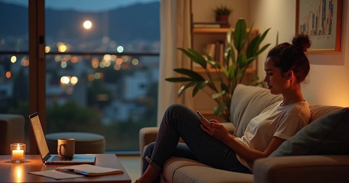 Adulto sozinho organizando orçamento em apartamento aconchegante ao anoitecer 