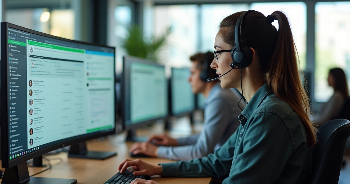 Atendente gerenciando chamados de condomínio em tela com WhatsApp aberto 