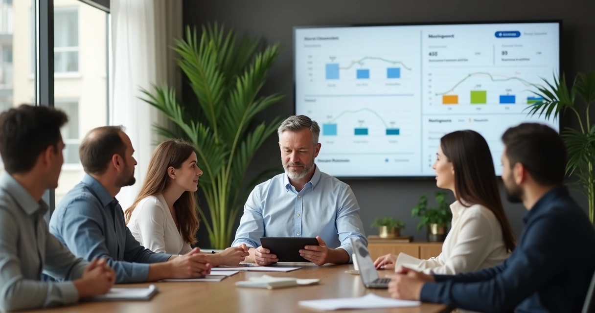 Gestor de condomínio analisando sistema centralizado no tablet 