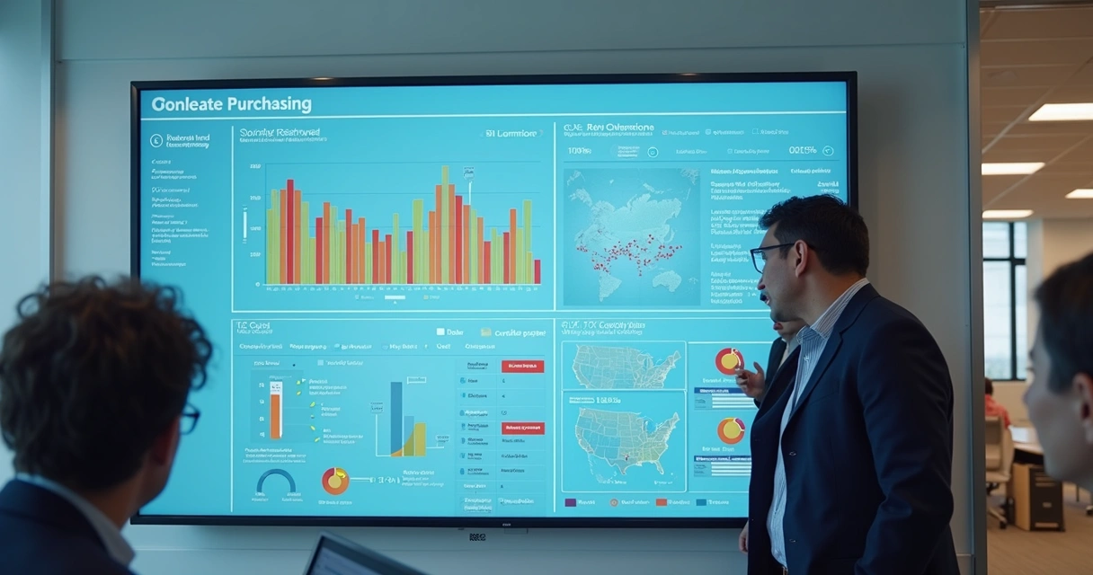 Painel digital mostrando consolidação de compras coletivas em uma rede de franquias. 