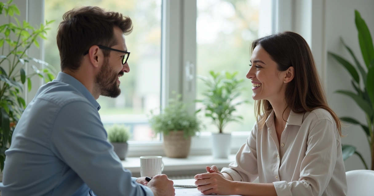 Duas pessoas conversando frente a frente em sala moderna, clima amistoso, mesa de trabalho ao lado 