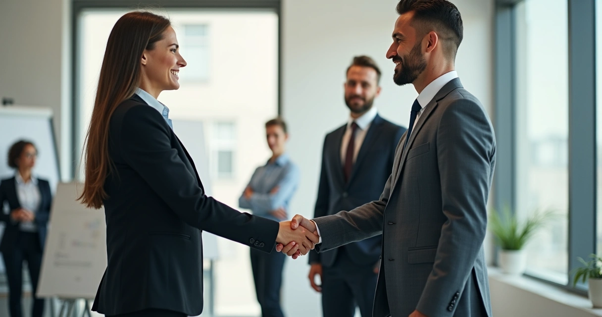 Duas pessoas apertando as mãos em um escritório, transmitindo reconciliação 