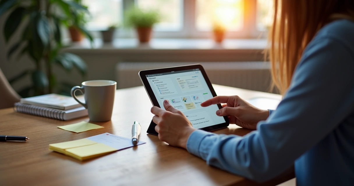 Colaborador resolvendo conflitos de dados Notion em tablet 