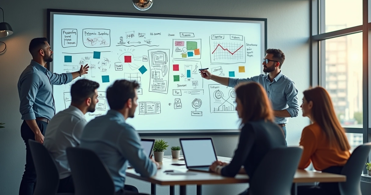 Equipe de TI planejando melhorias digitais em quadro branco 