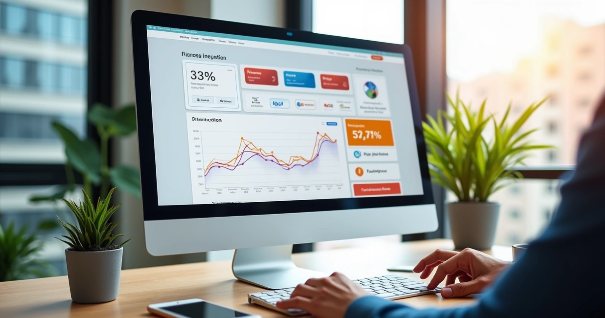 Tela de computador exibindo dashboard digital com gráficos financeiros e integrações de pagamentos online em ambiente moderno e claro 