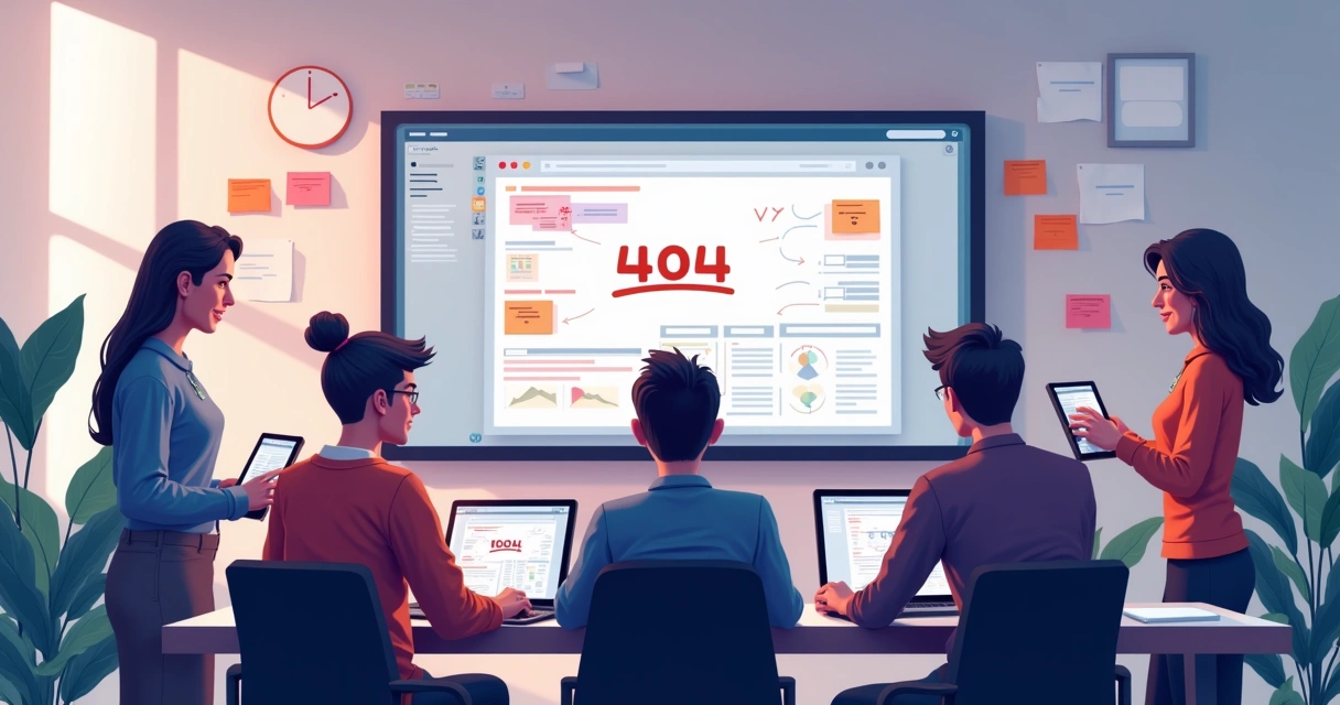 Equipe de desenvolvedores corrigindo erro 404 em site usando plataforma digital 