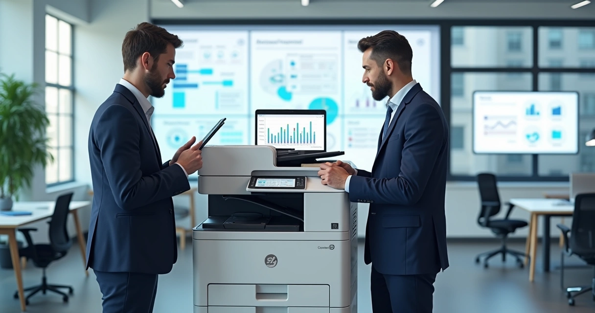Multifuncional moderna em escritório com gestores de TI discutindo soluções de impressão 