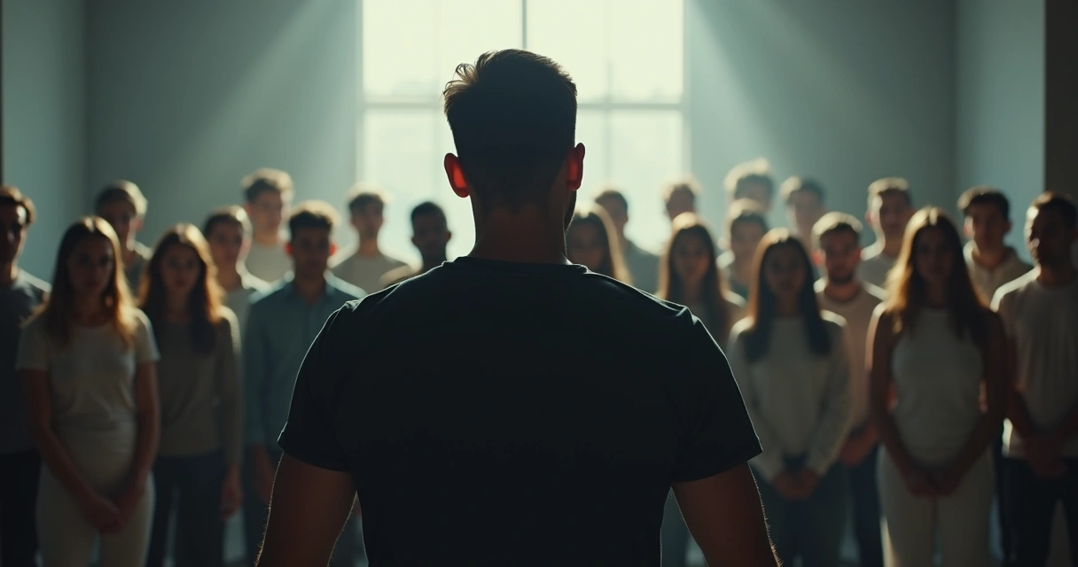 Pessoa de costas diante de grupo, com postura firme, sugerindo enfrentamento, em sala clara 