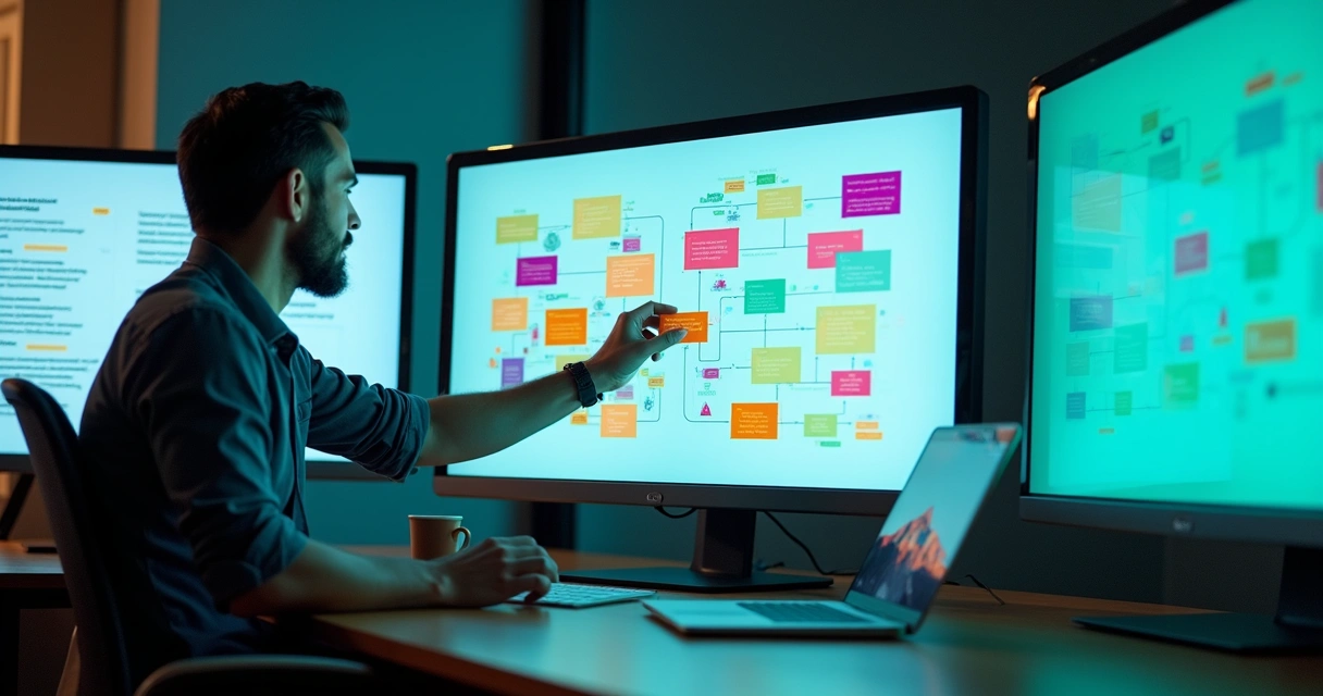 Pessoa montando aplicativo arrastando blocos coloridos e tela de computador aberta com fluxos visuais 