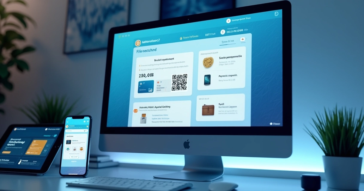 Interface digital mostrando múltiplos métodos de pagamento online como cartão de crédito, Pix, boleto e carteiras digitais em tela de computador moderno 