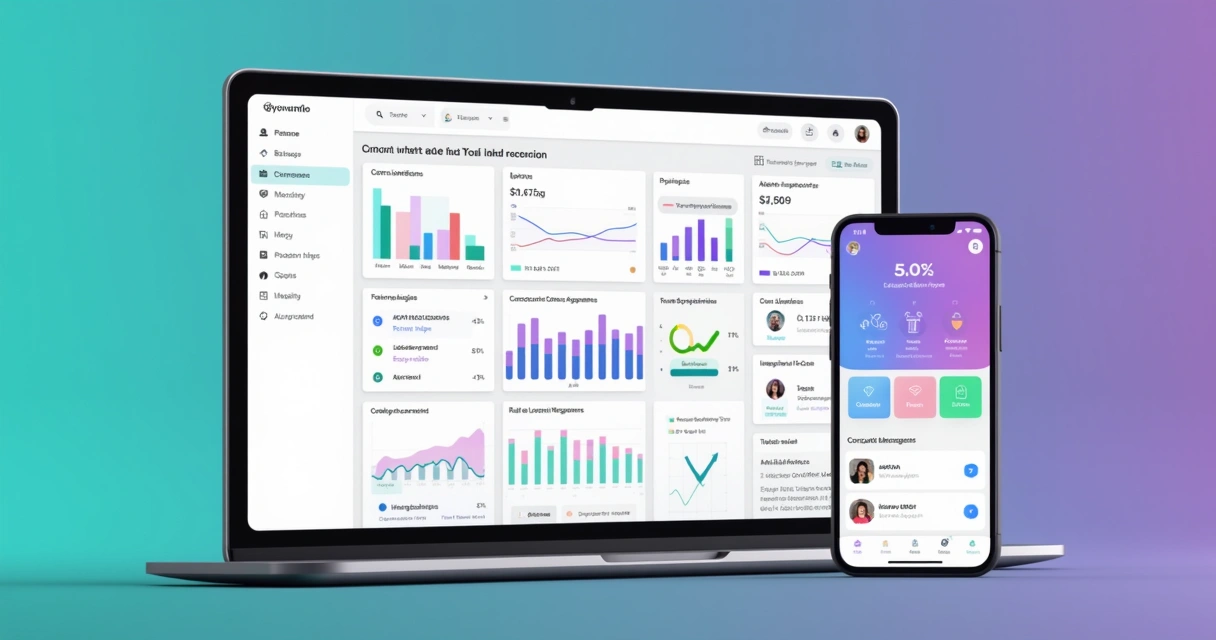 Dashboard de plataforma white label mostrando recebíveis, extratos, gráficos de recorrência e app mobile personalizado. 