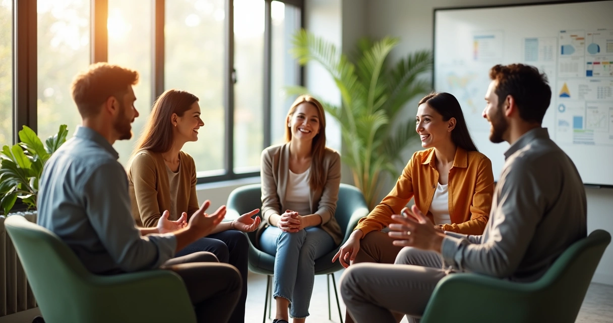 Cinco personas en círculo, sentadas, mirándose y escuchando con atención, mostrando conexión y apertura, con expresiones relajadas. 