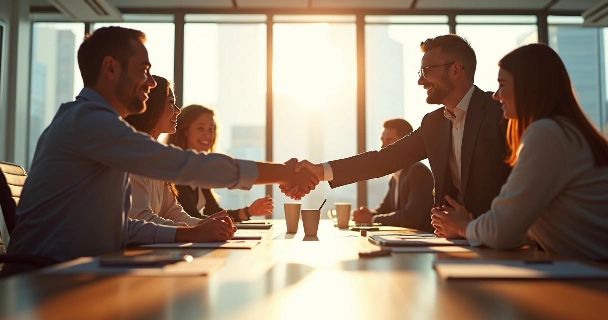 Dos personas de un equipo de trabajo dando la mano conciliando. 