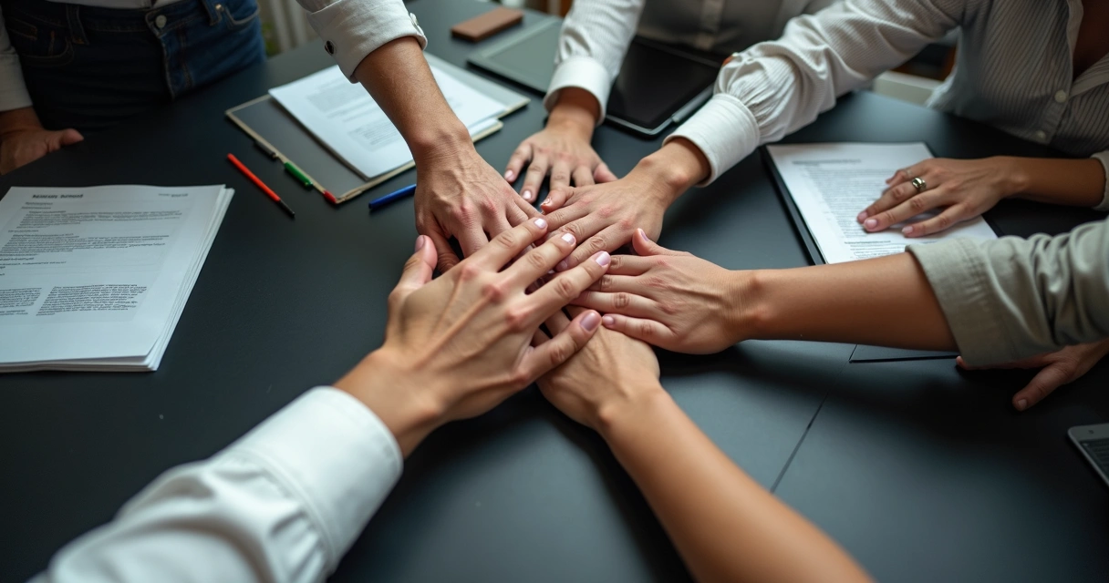 Manos de varias personas unidas en el centro sobre una mesa de oficina.