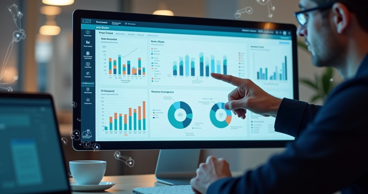 Tela de computador exibindo dashboard de automação de processos com gráficos