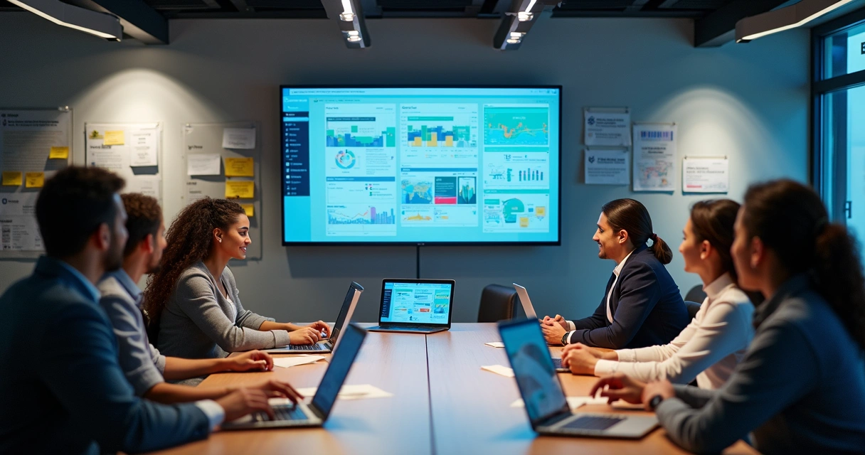 Equipe em reunião discutindo soluções digitais em telas grandes 