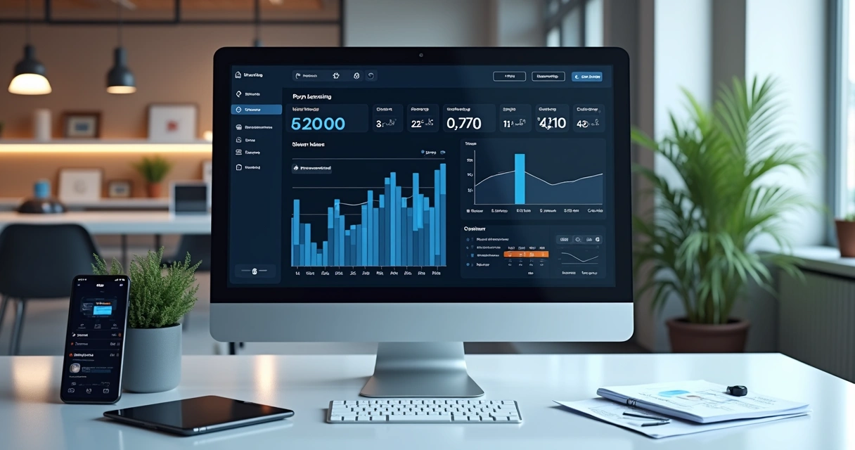 Tela de computador mostrando painel de controle de fintech no-code com gráficos financeiros e integração de pagamentos digitais 