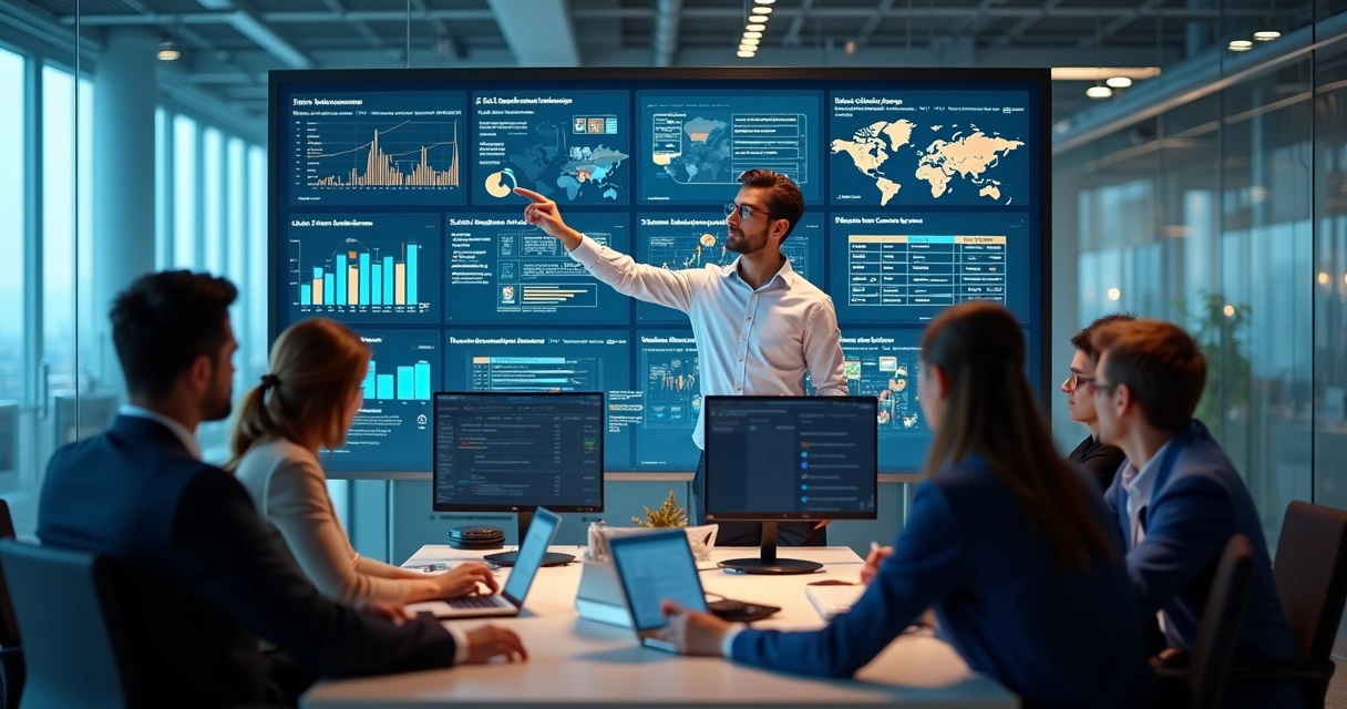 Equipe de profissionais analisando dados em telas com gráficos de IA e automação 