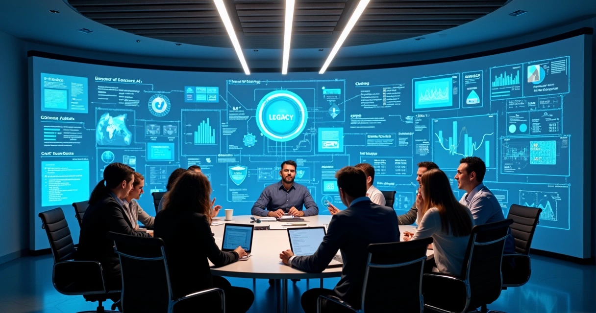 Equipe analisando integração entre sistemas legados e novas soluções de IA em escritório moderno 