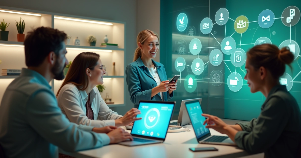 Atendente virtual de IA atendendo múltiplos canais, com clientes usando celular, notebook e telefone 