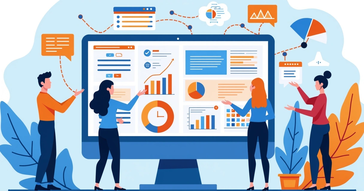 Equipe ajustando ferramentas de marketing digital integradas