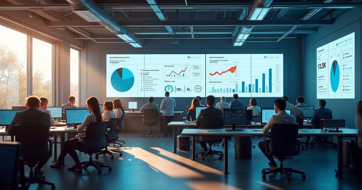 Equipe de RH usando dashboards digitais e IA no escritório 