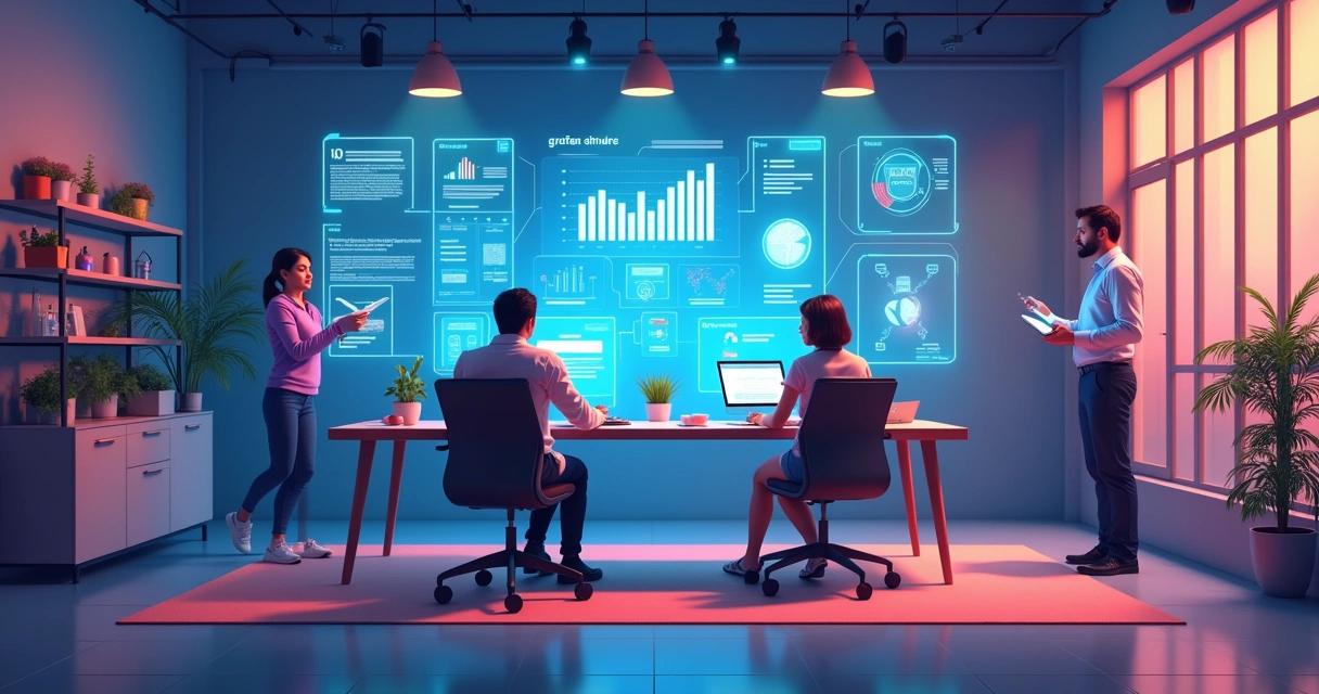 Duas pessoas analisando uma interface de IA em um escritório moderno com produtos de beleza ao fundo.