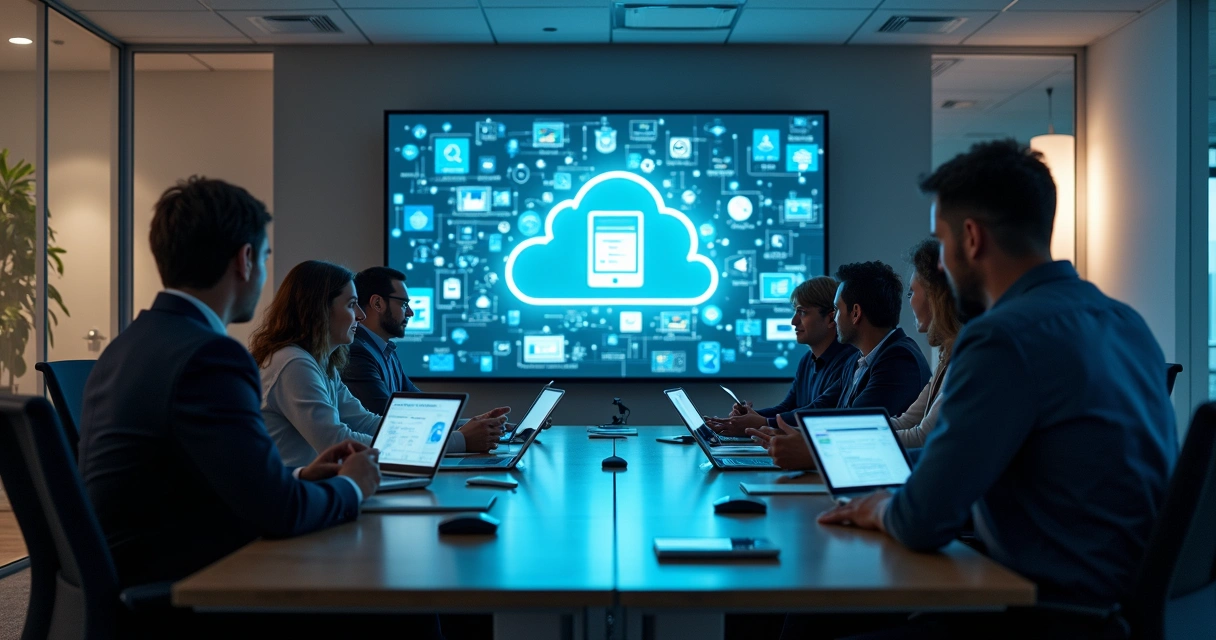 Equipe de TI reunida analisando aplicativos e dispositivos variados 