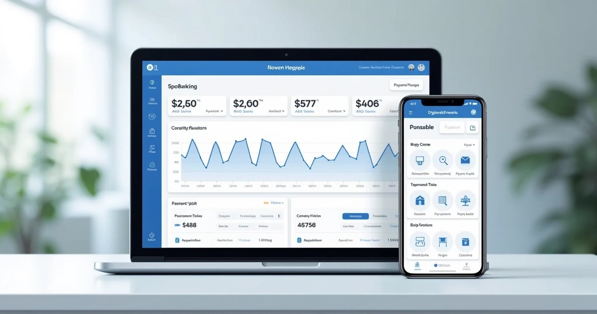 Plataforma digital de soluções financeiras integradas exibida em diferentes telas 