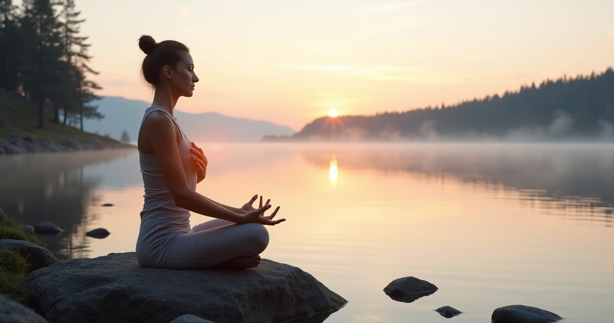 Person seated by a calm lake with soft glowing lines highlighting body awareness points 