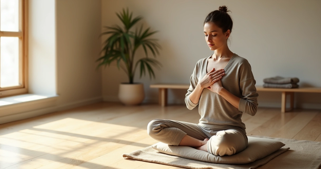 Person sitting cross-legged with hand on chest and belly noticing body sensations 