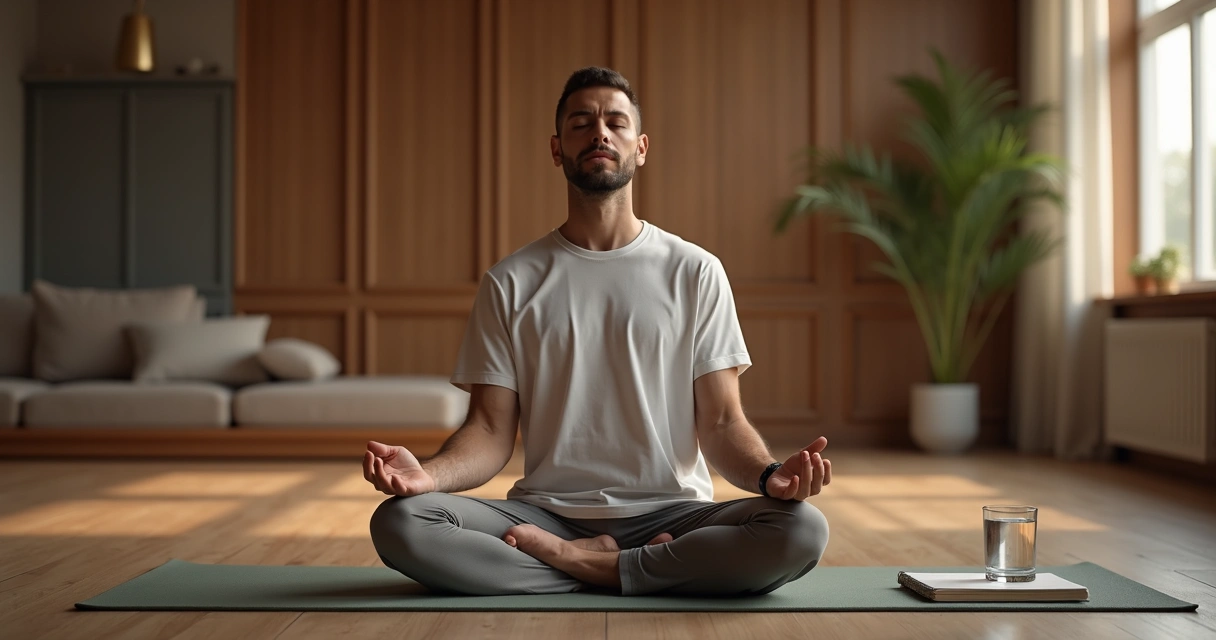 Man practicing body scan meditation on yoga mat 