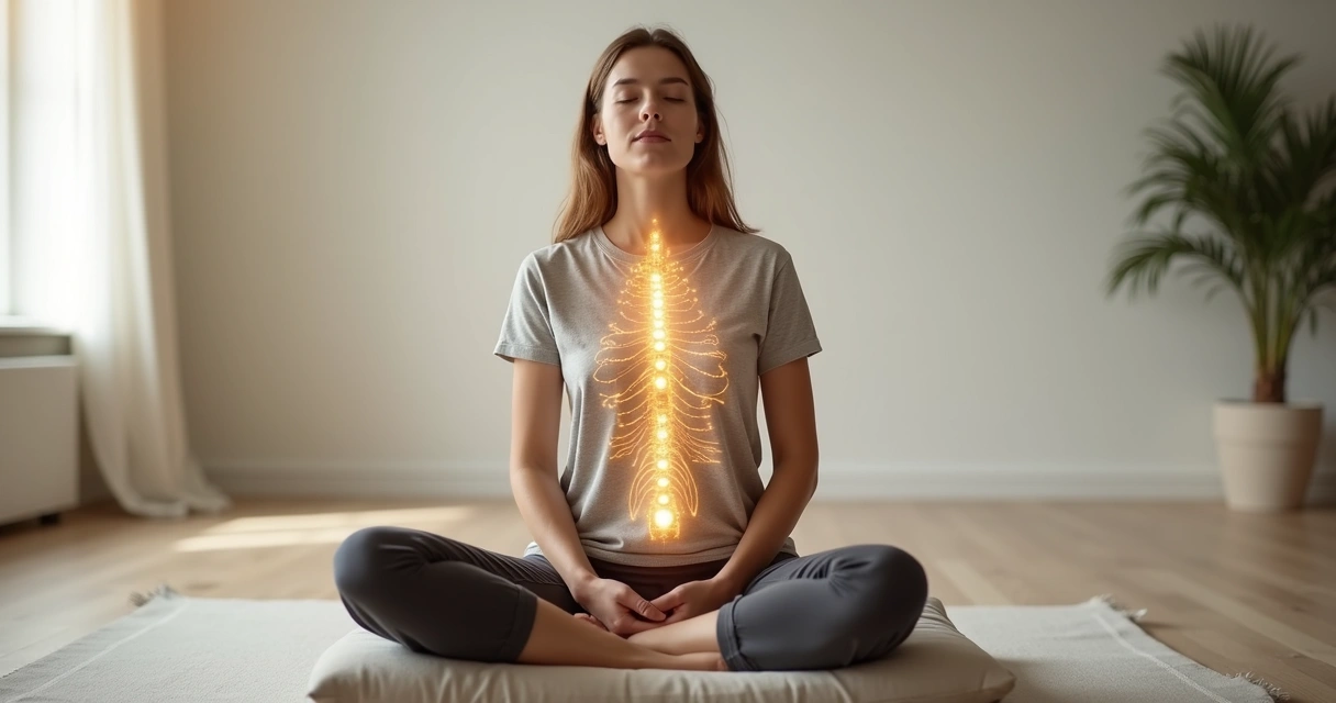 Person sitting cross-legged with glowing body map showing somatic awareness connections 