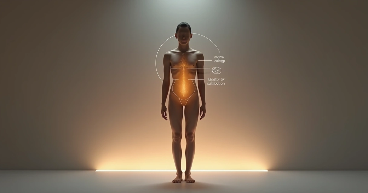 Person in neutral pose with highlighted internal body signals and calm surroundings 