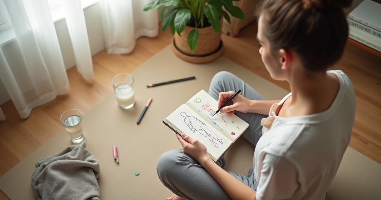 Person tracing a body outline in a journal while sitting on a mat 