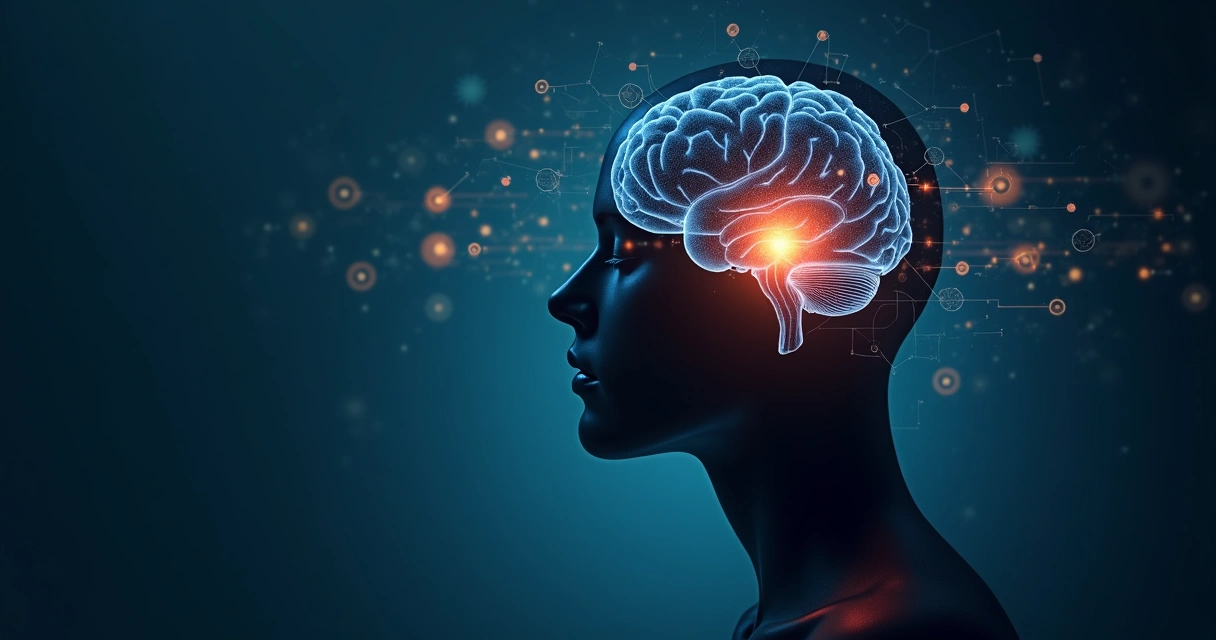 Human silhouette with brain and heart connected by glowing neural pathways 